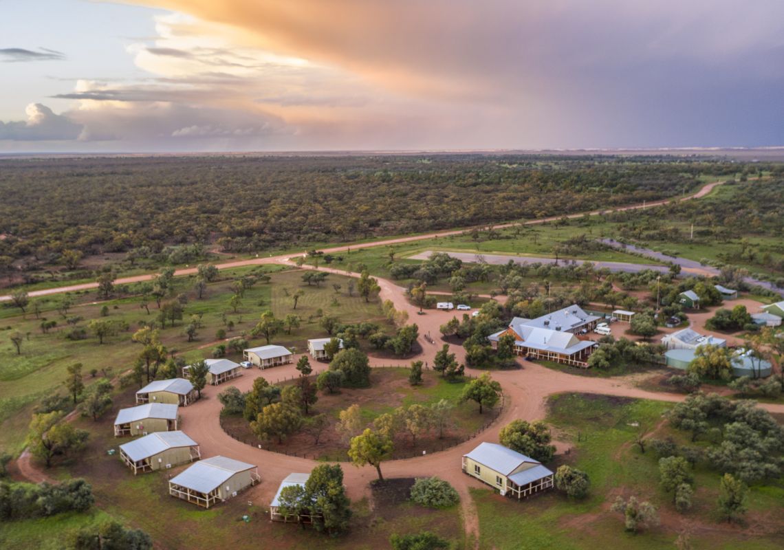 Aerial overlooking Mungo Lodge inside Mungo National Park, Outback NSW