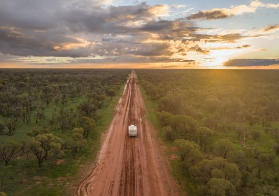 Sun setting over the country landscape between Ivanhoe and Menindee, Outback