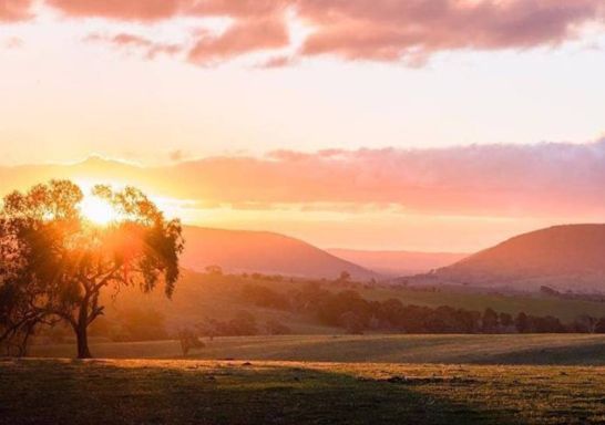 Sun setting over a gap between two hills in the background of rolling countryside