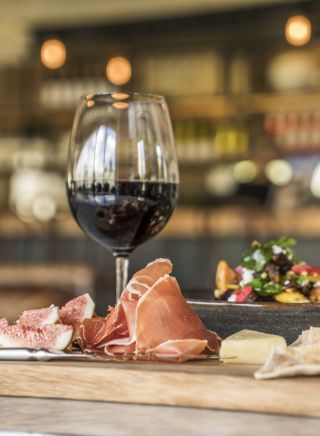 Red wine and antipasto, Bendooley Estate in Berrima, Southern Highlands