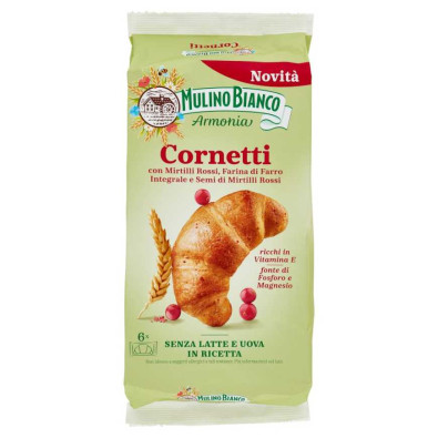 Mulino Bianco Cornetti con Mirtilli Rossi, Farina di Farro Integrale e Semi di Mirtilli Rossi Pz.6 Gr.228