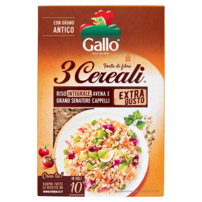 Riso Gallo 3 Cereali con Riso Integrale, Avena e Grano Senatore Cappelli Gr.400