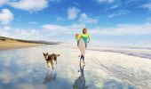 Lady and her dog running along the beach at Shoalhaven Heads, South Coast 